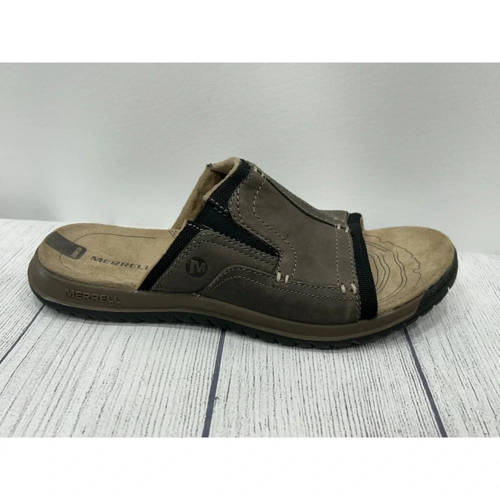 Merrell Boulder Slide Sandals Mens 8 Brown Leather Slip On Comfort Outdoor